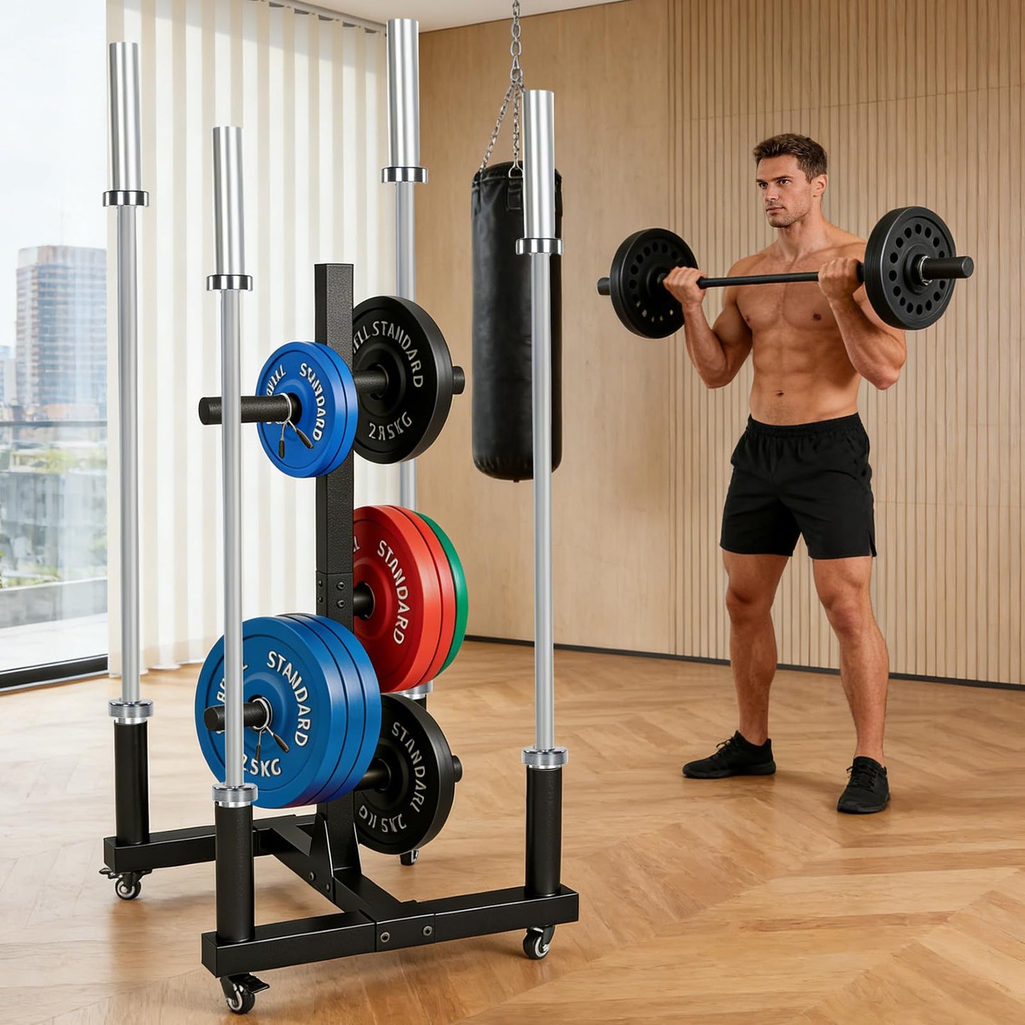 laapee Weight Plate Rack for 2-inch Olympic Bumper Plate and Barbell, Weight Tree with 800 LBS Capacity, Heavy Duty Storage Racks with 4 Barbell Holder & Lockable Wheels for Home Gym Garaage Gym