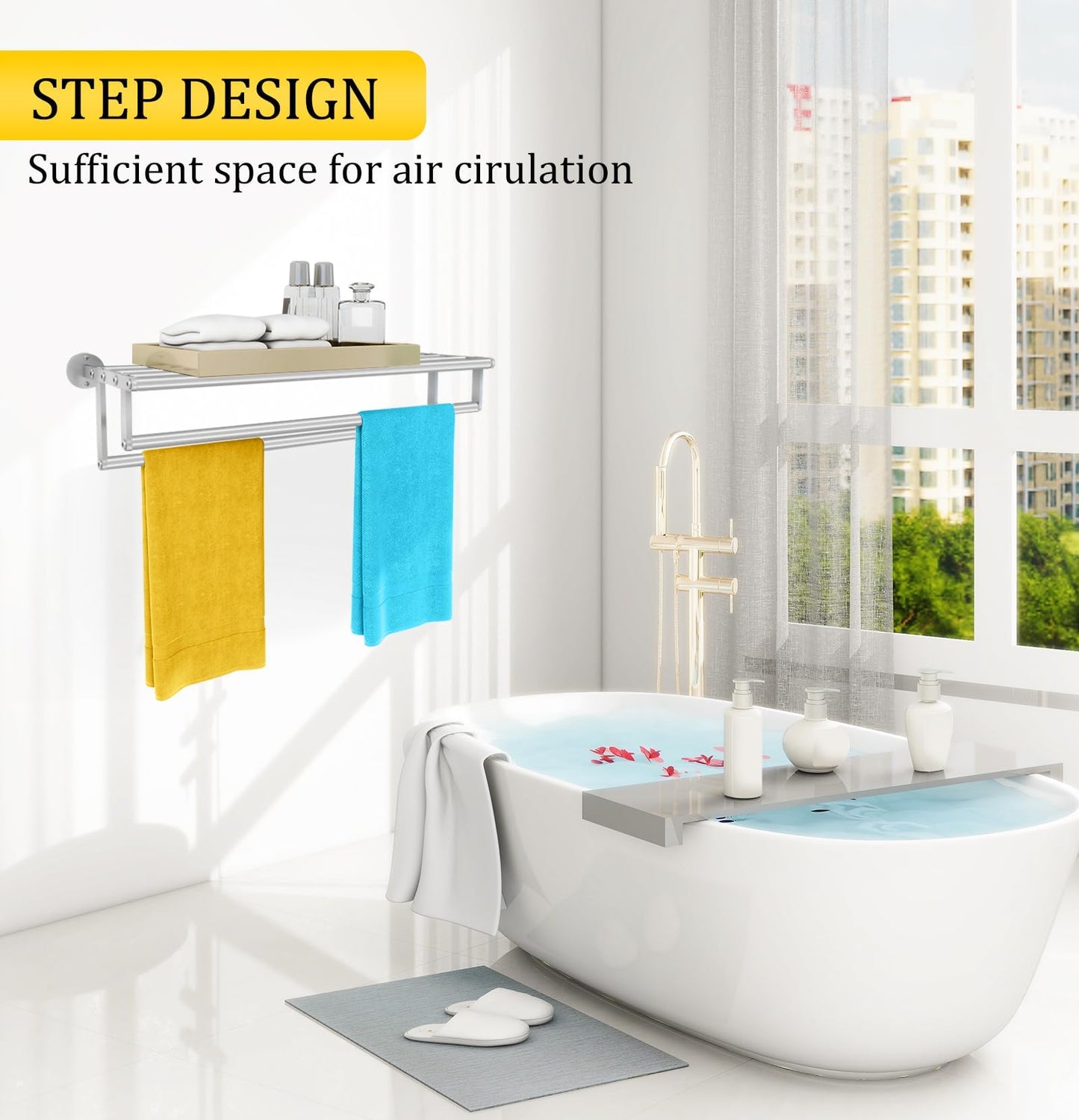 XEENEW Double Towel Racks for Bathroom Towel Rack with Shelf, 24 Inch Double Towel Bars, Wall Mount Towel Holder for Bathroom Lavatory, Stainless Steel Towel Rod(Brushed Nickel)