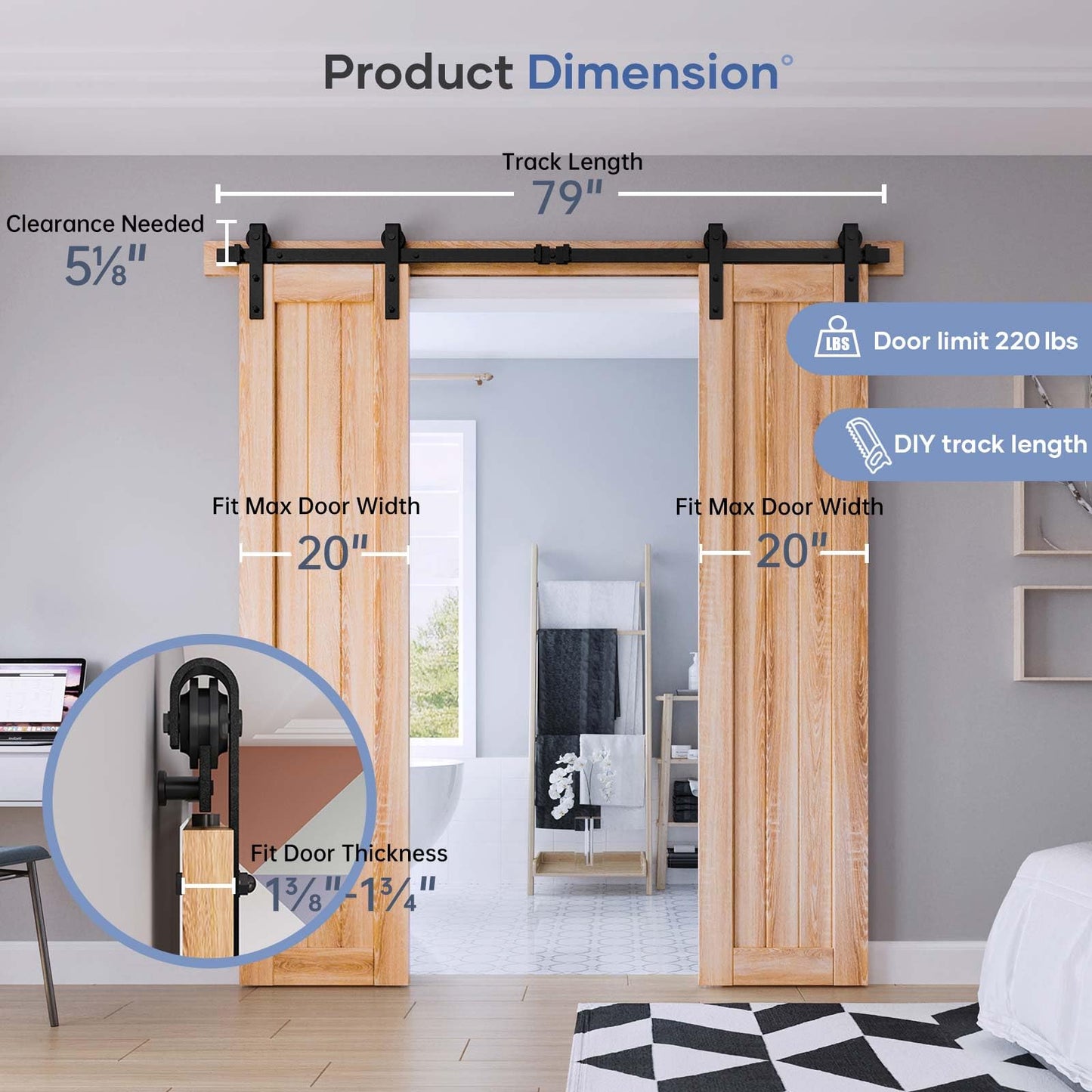 EaseLife 6.6 FT Double Door Sliding Barn Door Hardware Track Kit,Basic J Pulley,Heavy Duty,Slide Smoothly Quietly,Easy Install (6.6FT Track Kit for Double 20" Wide Door)