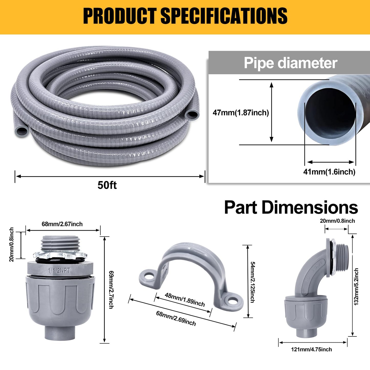 Wocloer 1-1/2 inch 50 Foot Liquid-Tight Conduit Kit, Flexible Non Metallic Electrical Conduit and Connector Kit, With 5 Straight and 4 Angle Fittings and Pipe Strap.