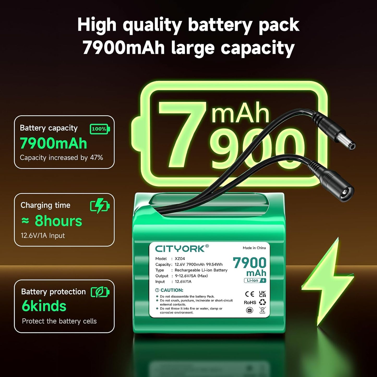 CITYORK 12V 7900mAh DC5521 12V 12V Lithium Battery with Charger, Male Connector, Rechargeable Battery for Devices, DIY
