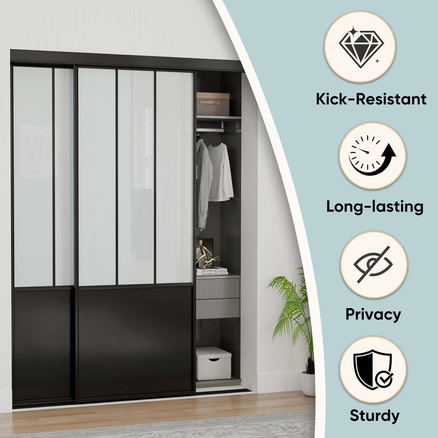 JUBEST Sliding Closet Door 48 x 80", Black Farmhouse Sliding Door with Top & Bottom Track Kits, Preassembled Frosted Glass Bypass Closet Door, Easy to Install