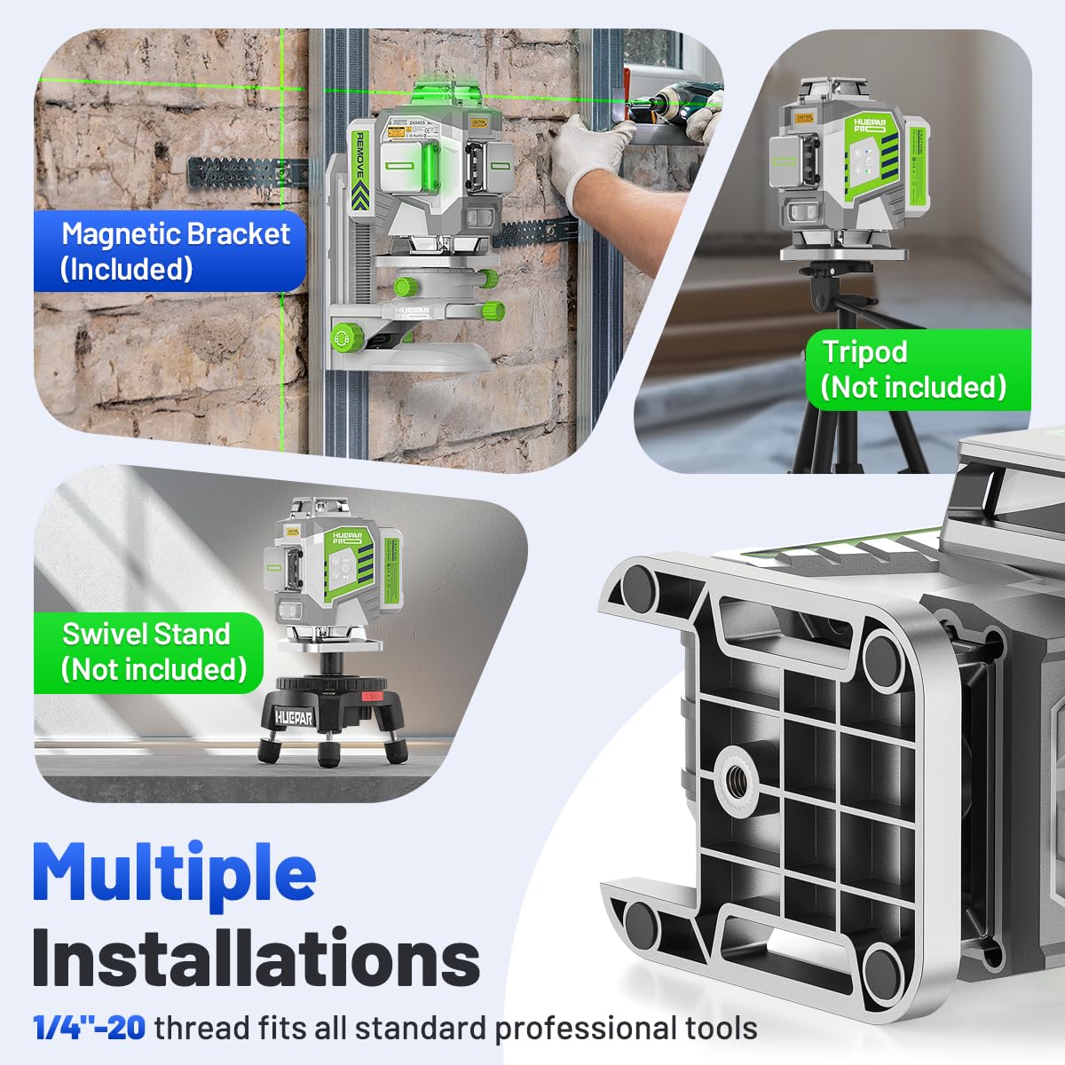 Huepar Pro Laser Level 360 Self Leveling, 4x360° Green Cross Line Laser Tool Set with Receiver for Outdoor&Long Distance Use Up to 660ft, Rechargeable Lazer Leveler Tool for Construction -ZK04CG-LR300