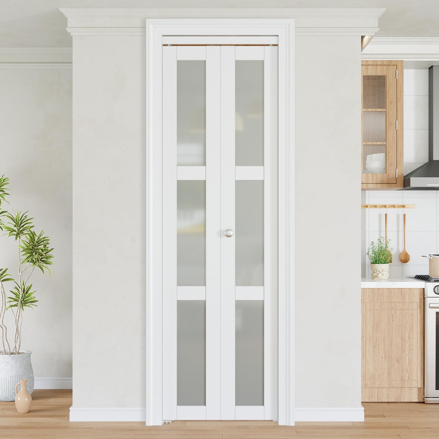 Bifold Doors for 24" x 80" Opening, 3-Lite Frosetd Glass Bifold Closet Door with Hradware Kit & Handles, Interior Foliding Barn Panels for Closet/Pantry/Laundry PVC Surface Pre-Assembled, White