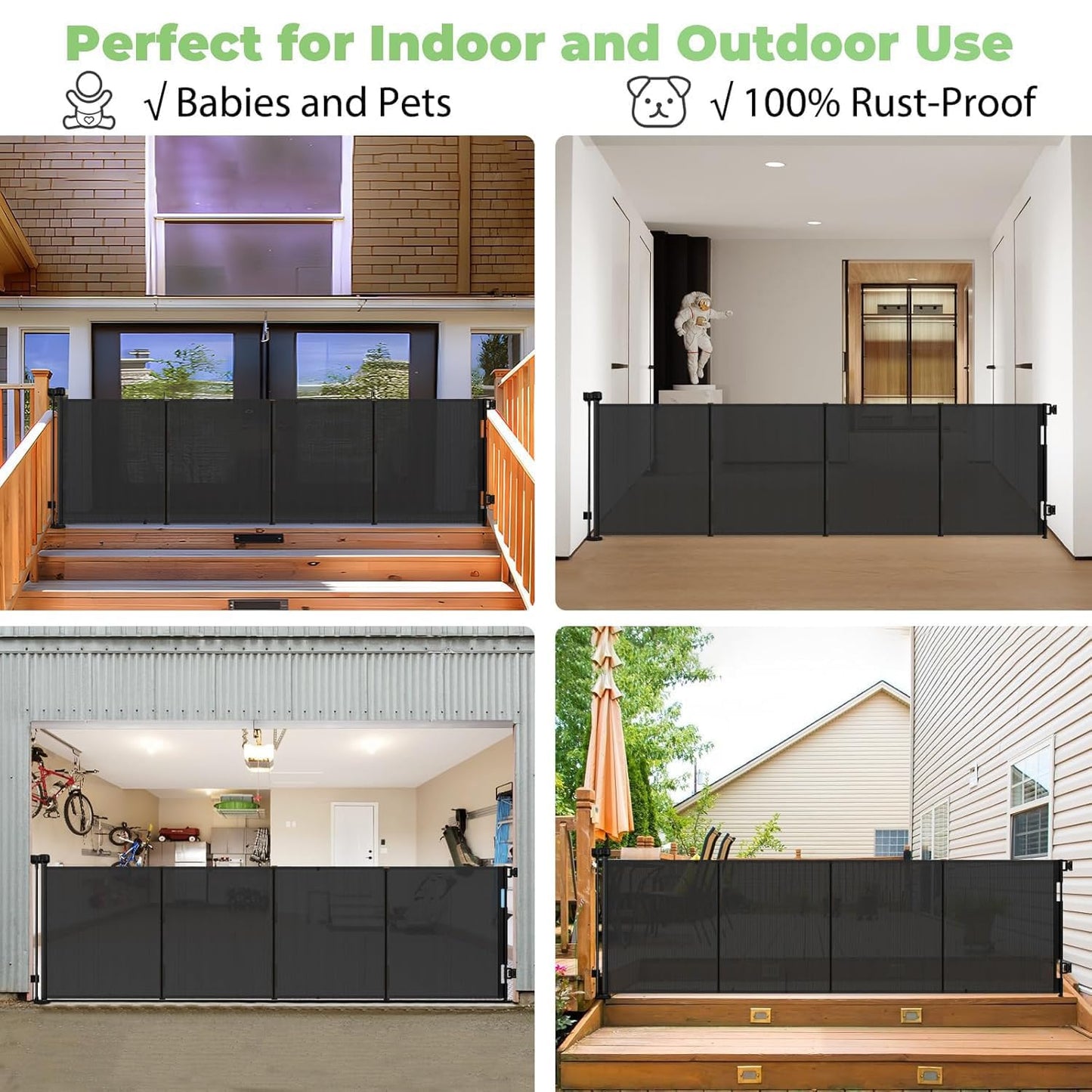 Reinforced 155" Extra Wide Baby Gate Retractable Dog Gate with Support Rods – Prevent Crawling Under, 13ft Retractable Baby Gates Long Gates for Kids or Pets Retractable Gate, Black