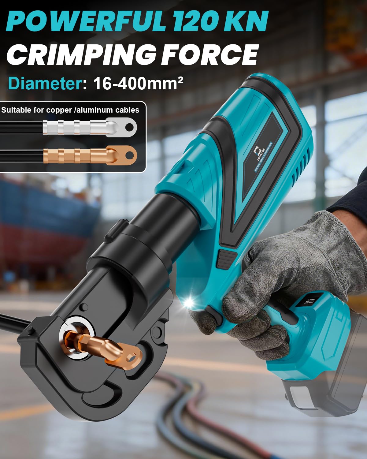 CERYCOSE Electric Hydraulic Cable Lug Crimping Tool, 12 Ton Hydraulic Crimper Compatible with Makita 18V Battery, Electrical Terminal Cable Wire Fiber Crimper Kit with 12 Dies, 6AWG-800MCM, Tool Only