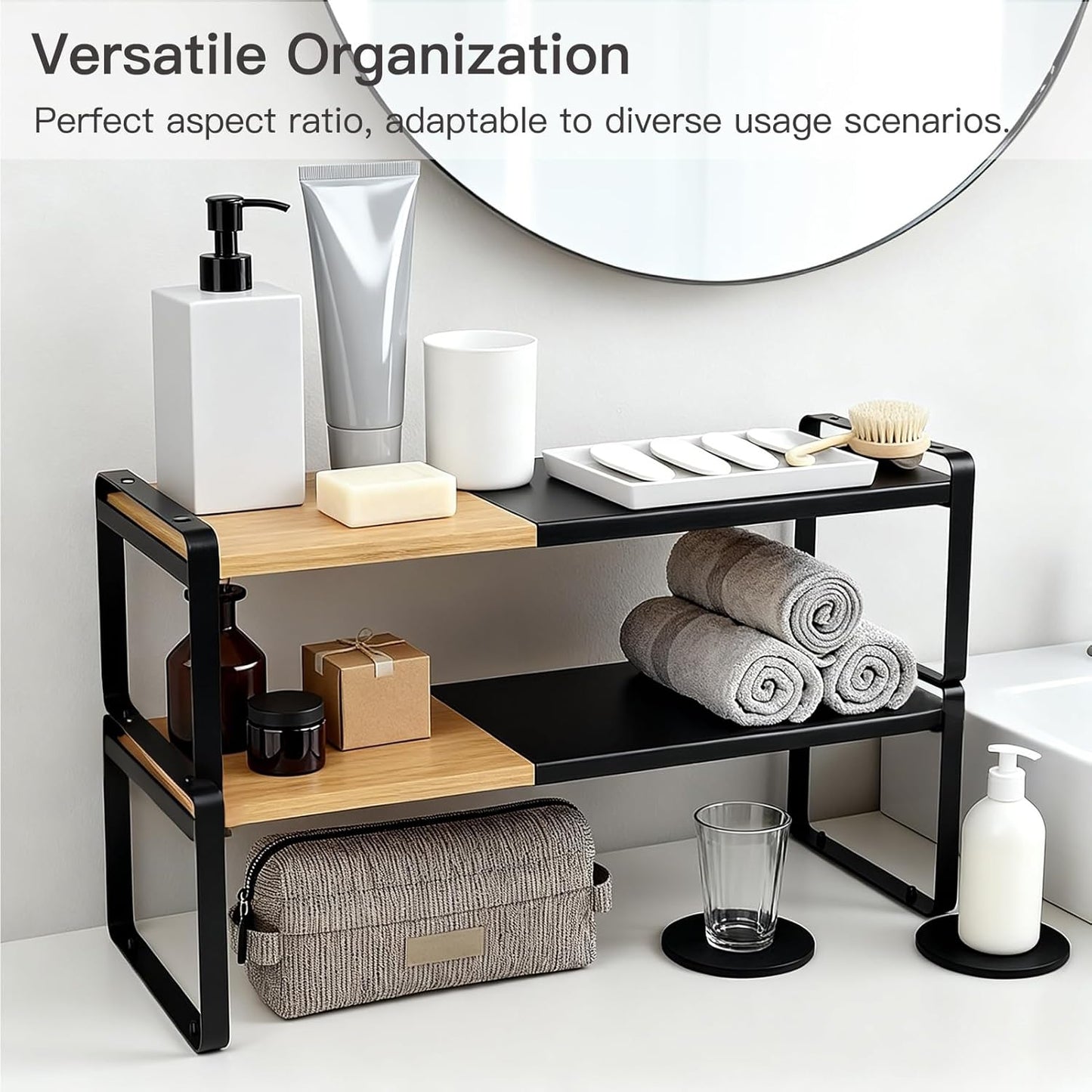 Solcasaco Expandable Desk Shelf Organizer, Sturdy Bamboo Desktop Riser for Monitor, Laptop & Office Storage, Modern
