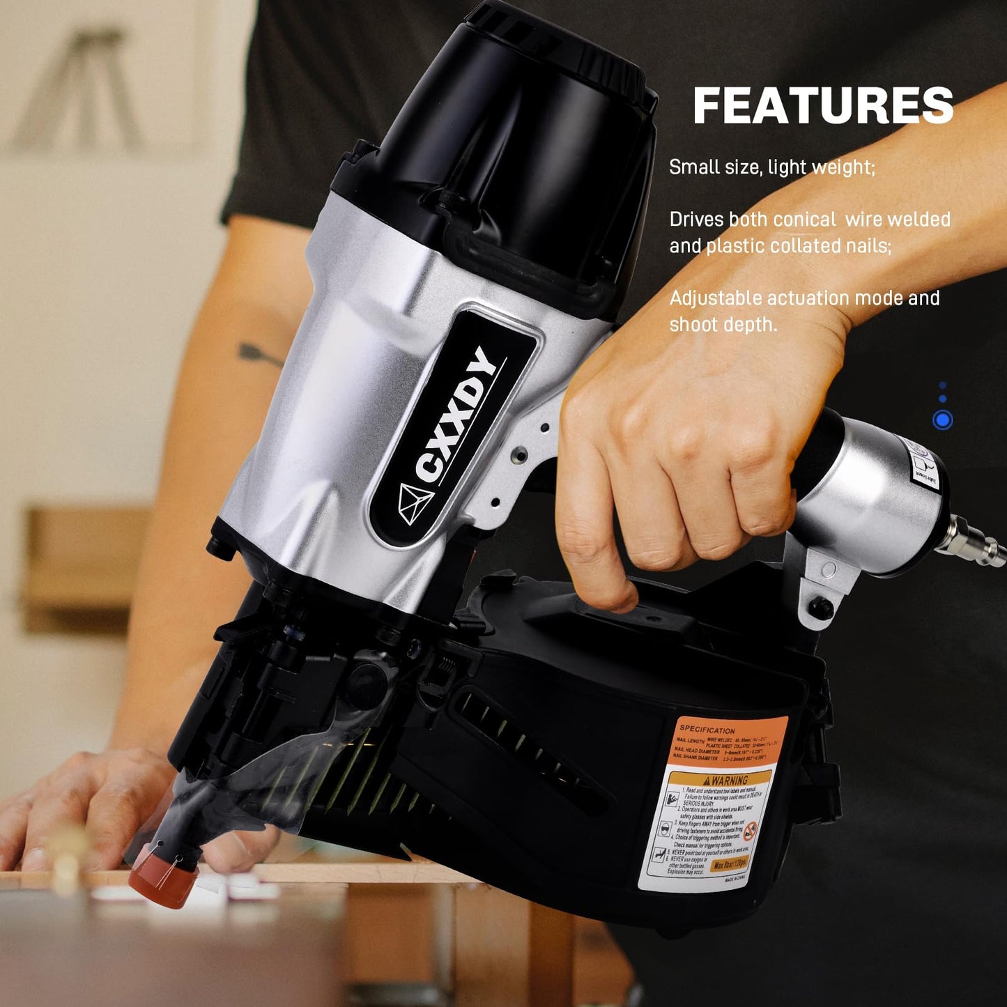 CXXDY Siding Nail gun 15 Degree 1-1/4” to 2-1/2” Coil Siding Nailer – High-Speed Pneumatic Siding Nailer for Siding, Framing, and Fencing – Professional-Grade Performance for Contractors and DIYers