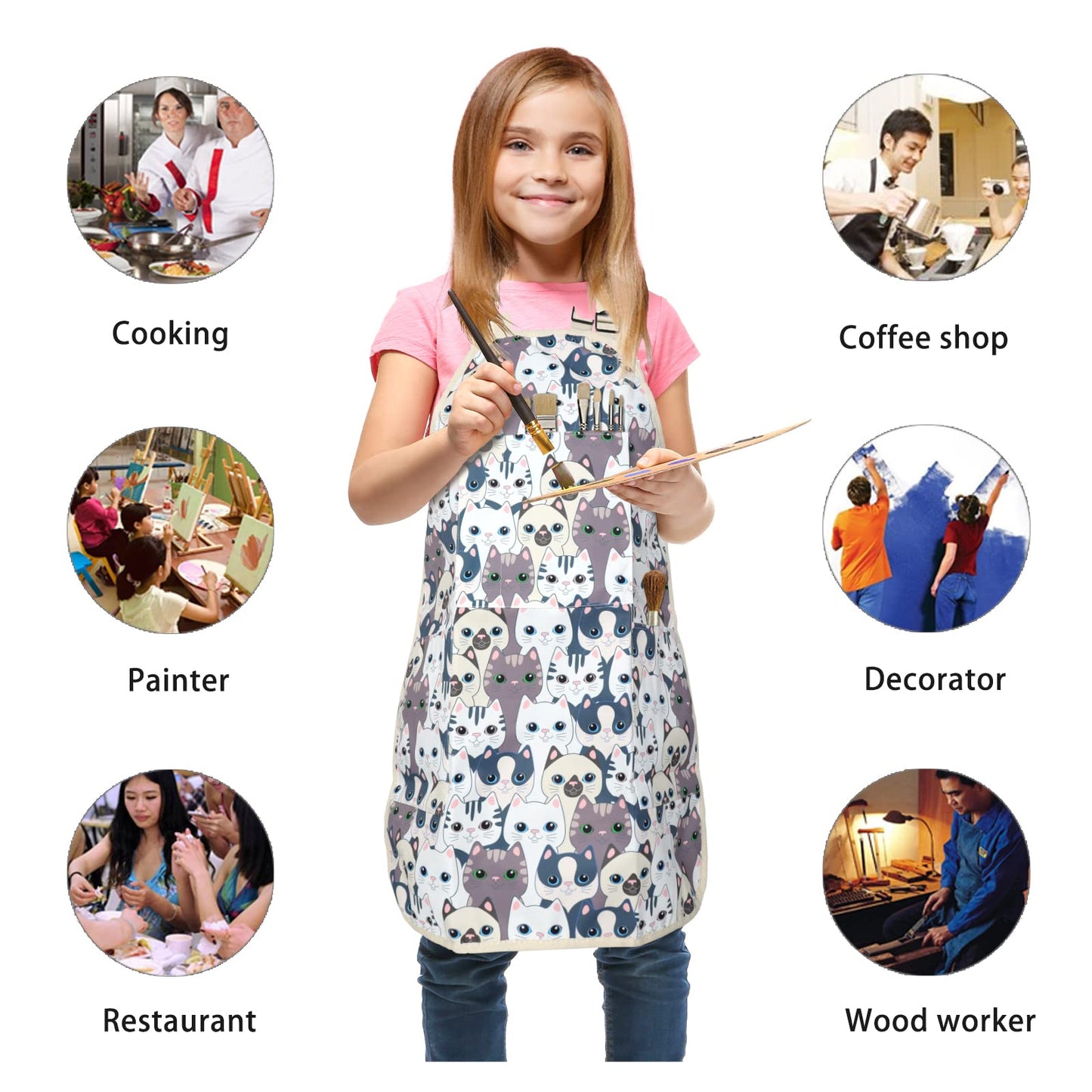 FreeNFond Kids Apron Adjustable Child Apron with 4 Pockets for Baking Painting White Cat