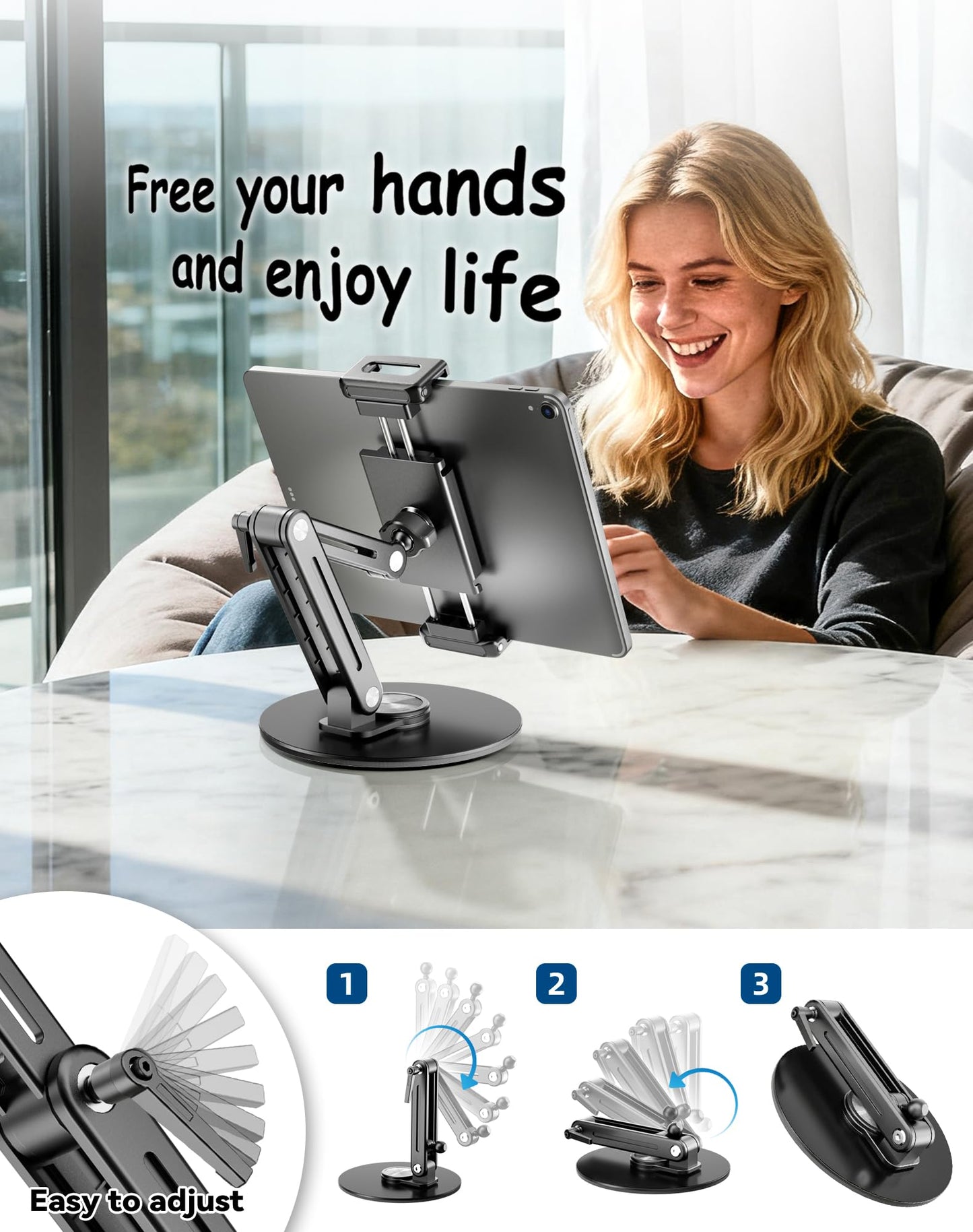 Portable Monitor Stand Large Clamp - Heavy Duty Aluminum Body supports up to 4.4 lbs 16" 17.3" 18.5 inch 360° Rotating Base Swivel Foldable Desk Stand for iPad Holder Tablet Mount for Kitchen/Travel