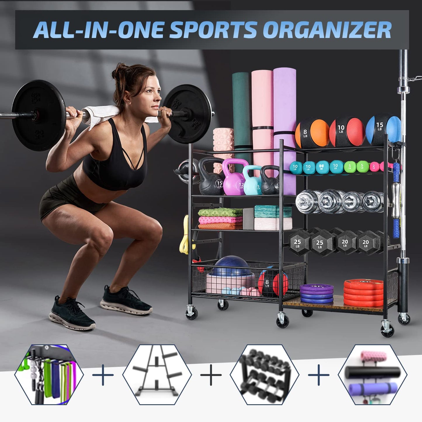 PLKOW Dumbbell Rack - Weight Stand with Barbell Holder, Storage Rack for Dumbbells, Yoga Mats, Medicine Balls, Barbell Storage, Home Gym Organizer with Wheels, Black