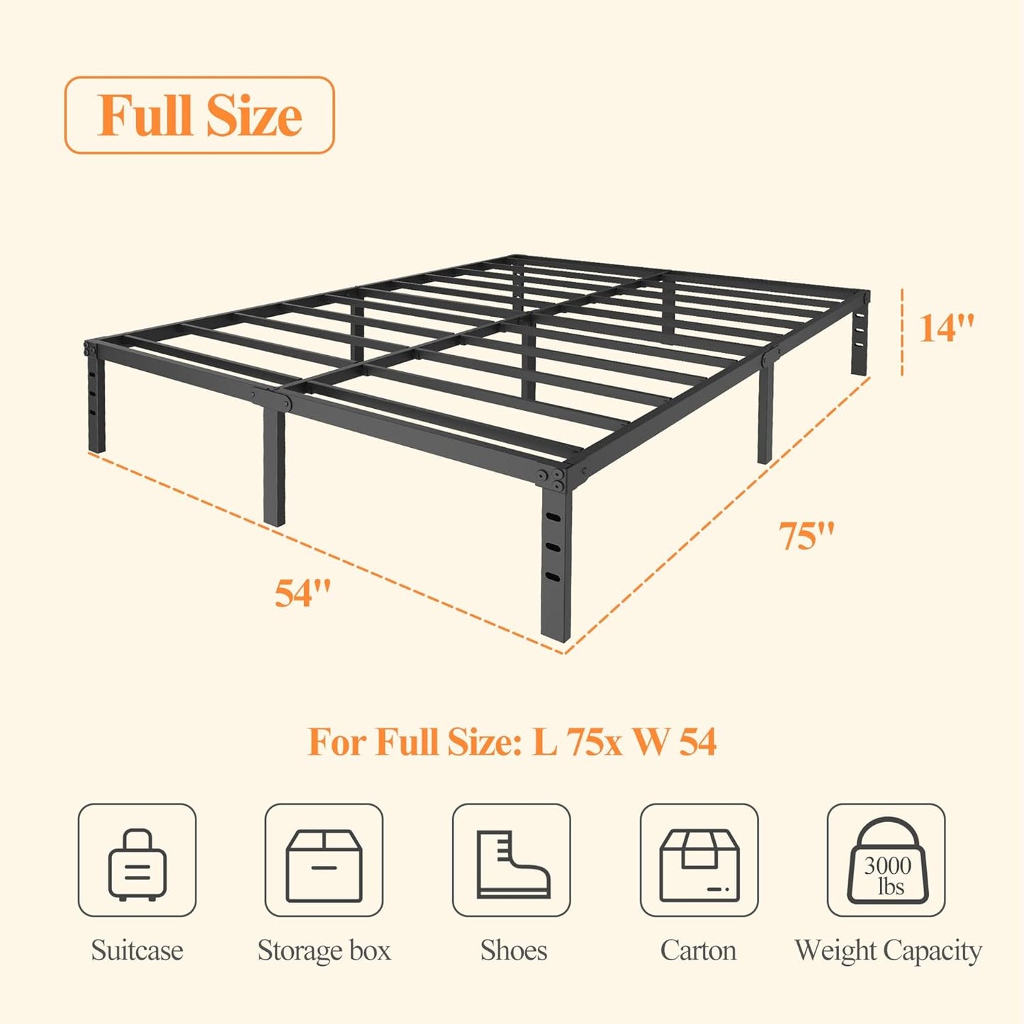 Skiennix 14-Inch Metal Bed Frame - Heavy Duty Full Size Mattress Foundation with Underbed Storage, Black