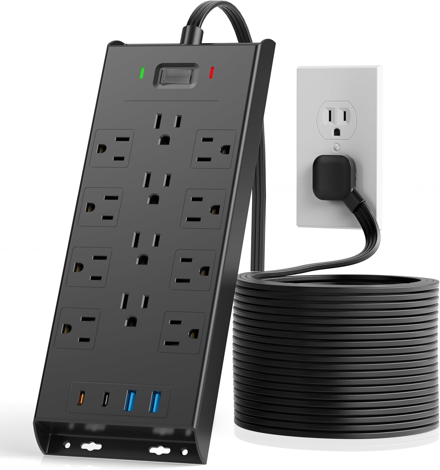 LeZone 4800J, 10Ft 12 2 2 20W Surge Protector Power Strip Long Extension Cord Flat Plug, Outlets USB C USB Ports, Wall