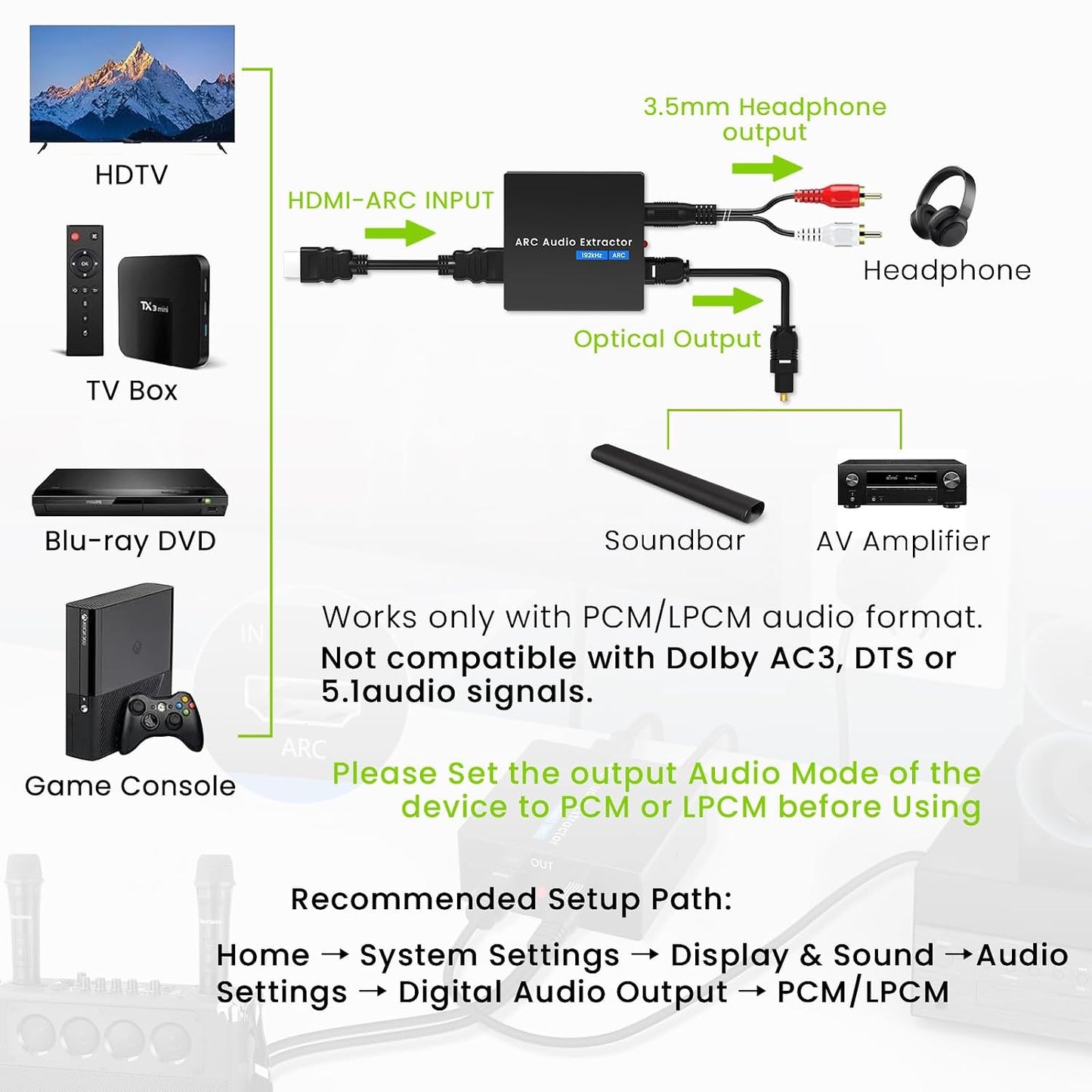 Tihokile 192KHz Optical/Toslink+3.5mm Speaker/Soundbar/Headset ARC Audio Extractor, HDMI ARC to Optical Converter, ARC