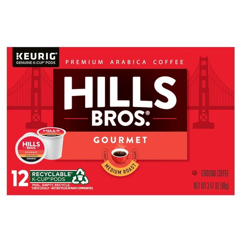 Hills Bros. Gourmet Blend K-Cup Pods - Medium Roast Premium Arabica Coffee | 12 Single Serve Pods