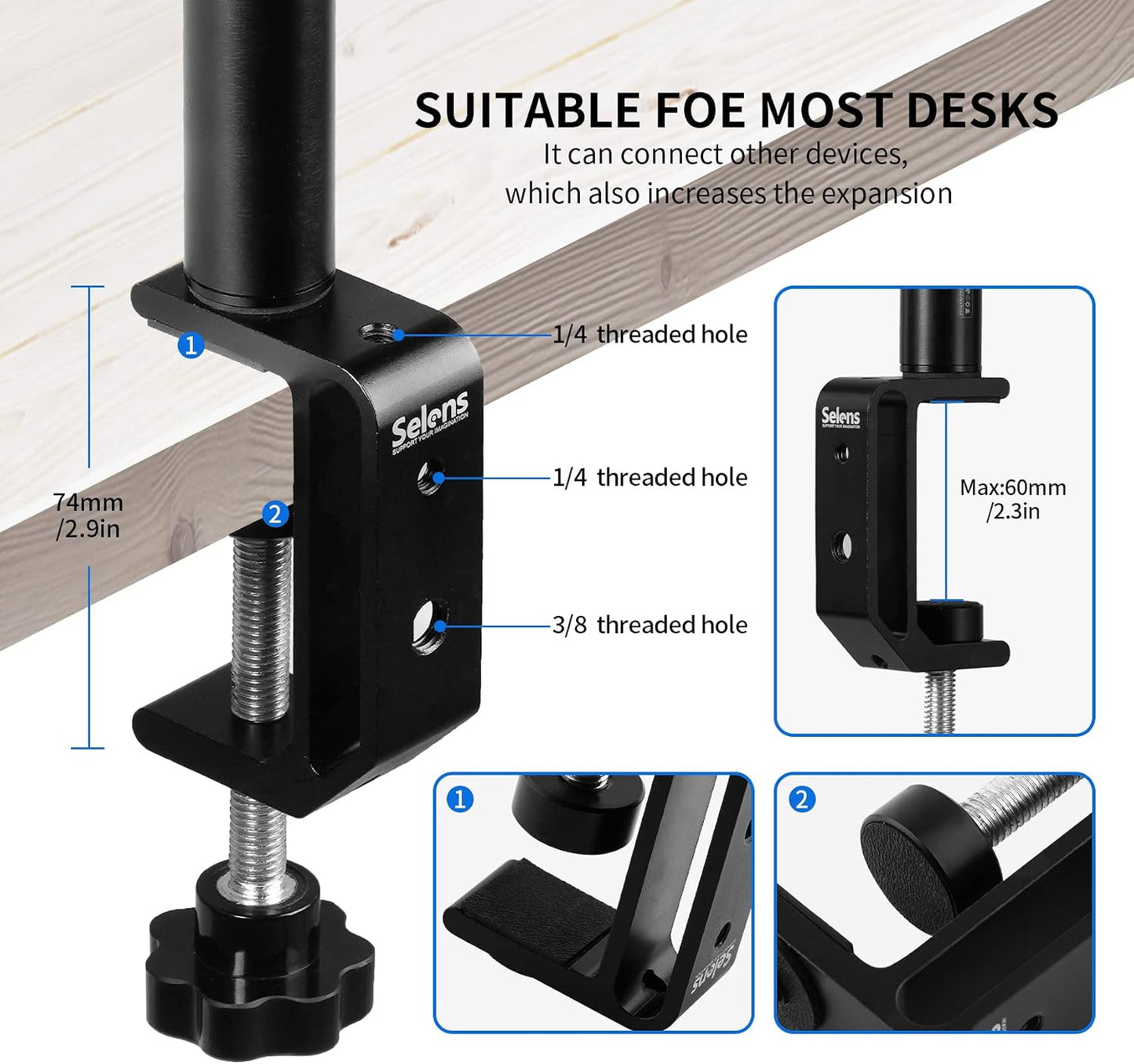 Selens 9.4"-18.5" 1/4" Tabletop Camera Desk Mount Stand, with Ball Head, Adjustable Desktop Stand Mount for DSLR