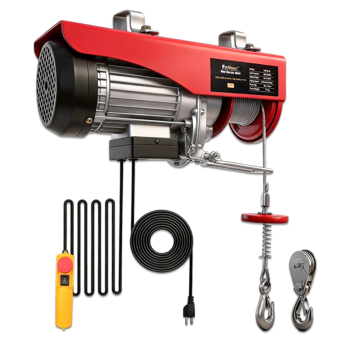 FITHOIST Electric Hoist 1320 lbs,110V Winch with Wired Remote Control,Electric Winch Single/Double Slings 39.4ft Lifting Height with Emergency Stop for Factories,Warehouses,Construction Site