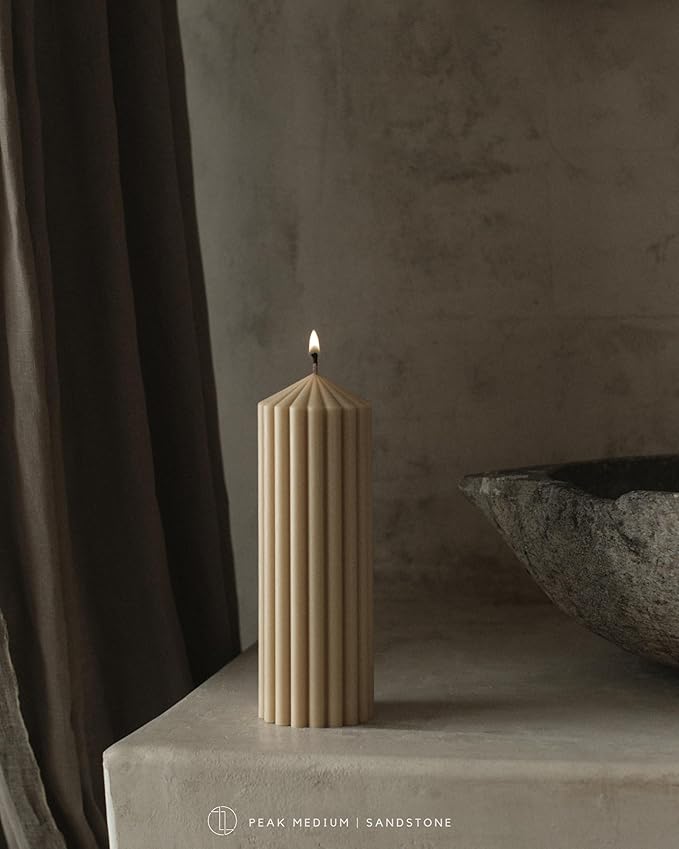 LAWA Ribbed Peak Pillar Candle - Large Beautiful Handmade Pillar Scented Soy Wax Candle Elegant Bubble Aesthetic Candle Housewarming Gift Home Room Shelf Decor Idea (Medium, Sandstone)