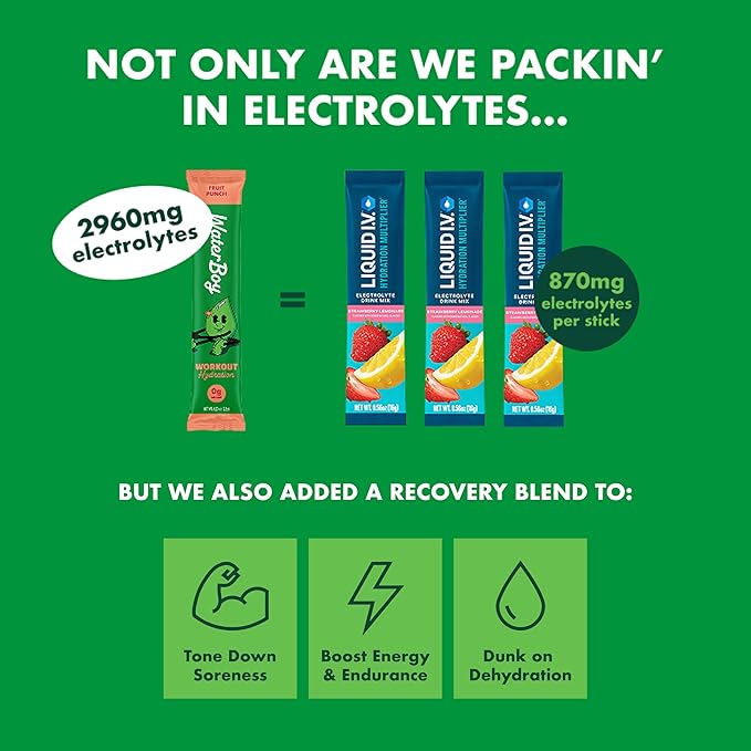 Waterboy Workout Hydration | 2,960mg Sugar Free Electrolyte Powder Packets | L-Glutamine + Vitamins | No Sugar, All Natural, Gluten Free | 15 Drink Stick Mixes (Fruit Punch)