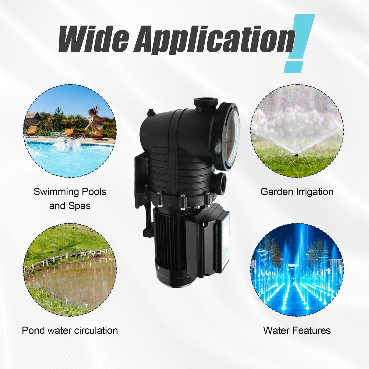 Variable Speed Pool Pump, 2.0HP, CEC & DOE compliant, 230V, 6420 GPH high flow. Energy-efficient VFD motor, strong suction, self-priming, for in/above-ground pools, with 1.25", 1.5" & 2" unions