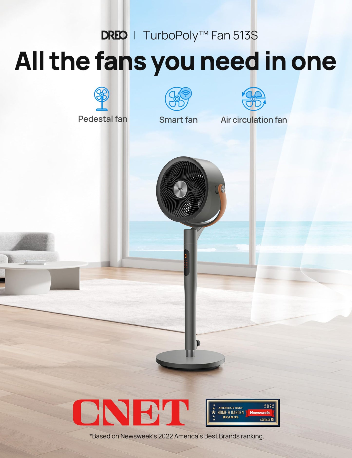 DREO Smart Fan for Bedroom, 120°+105° Omni-directional Oscillating Standing Fans with Remote, 100ft Quiet Floor Fan for Room, Wi-Fi/Voice/Alexa, 6 Modes, 8 Speeds, 37-43'' Height, 12H Timer, DC Motor