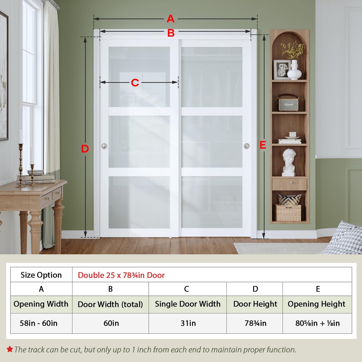Finosen 60"×80"(Double 31") Sliding Closet Door, 3-Lite Frosted Glass, Bypass Barn Door with Hardware Kit Included, Preassembled MDF Wood Panel, Water-Proof PVC Surface, Easy to Install, White