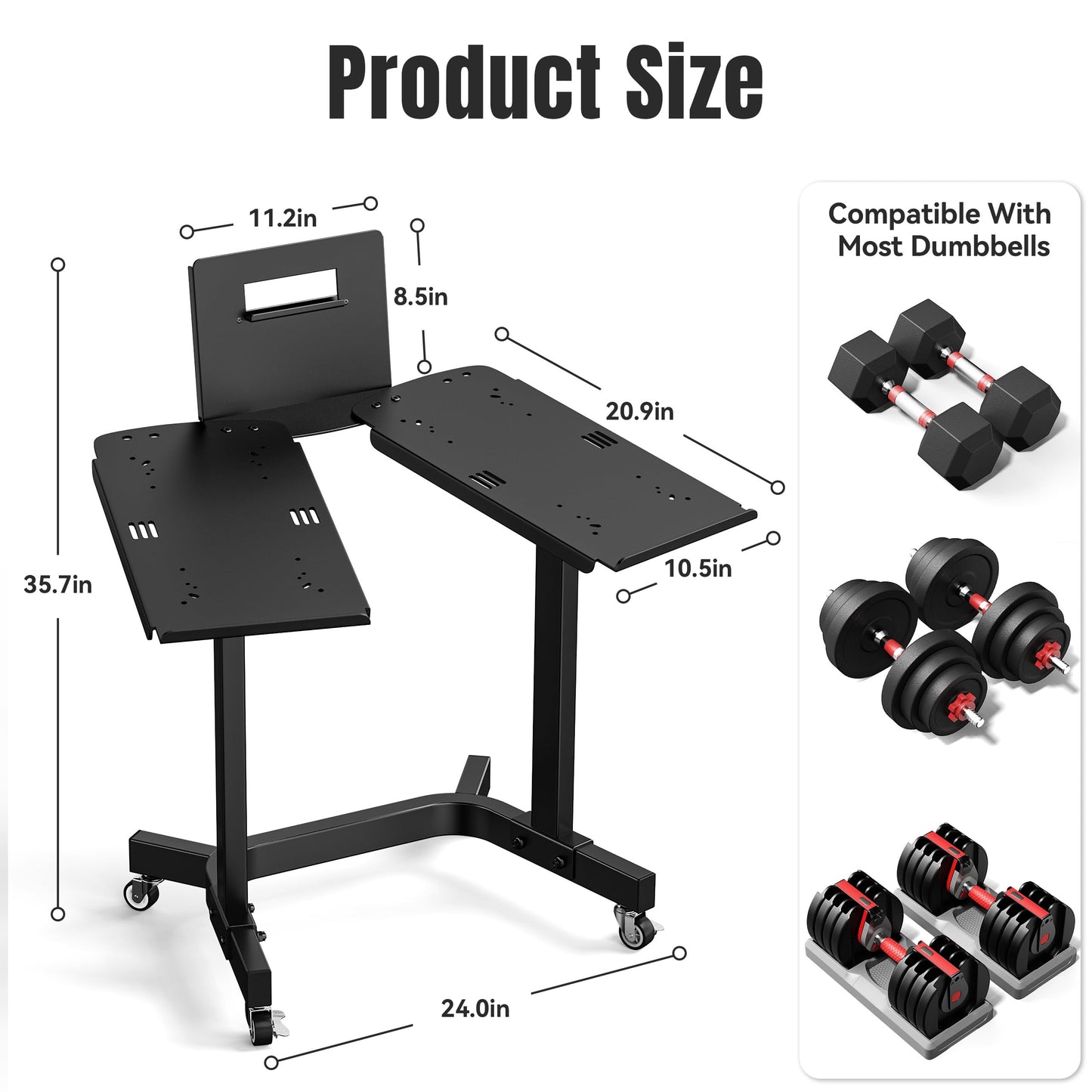 Adjustable Dumbbell Stand Rack with Tablet Holder and Wheels, Heavy Duty Rolling Organizer Cart for Home Gym (Rack Only)