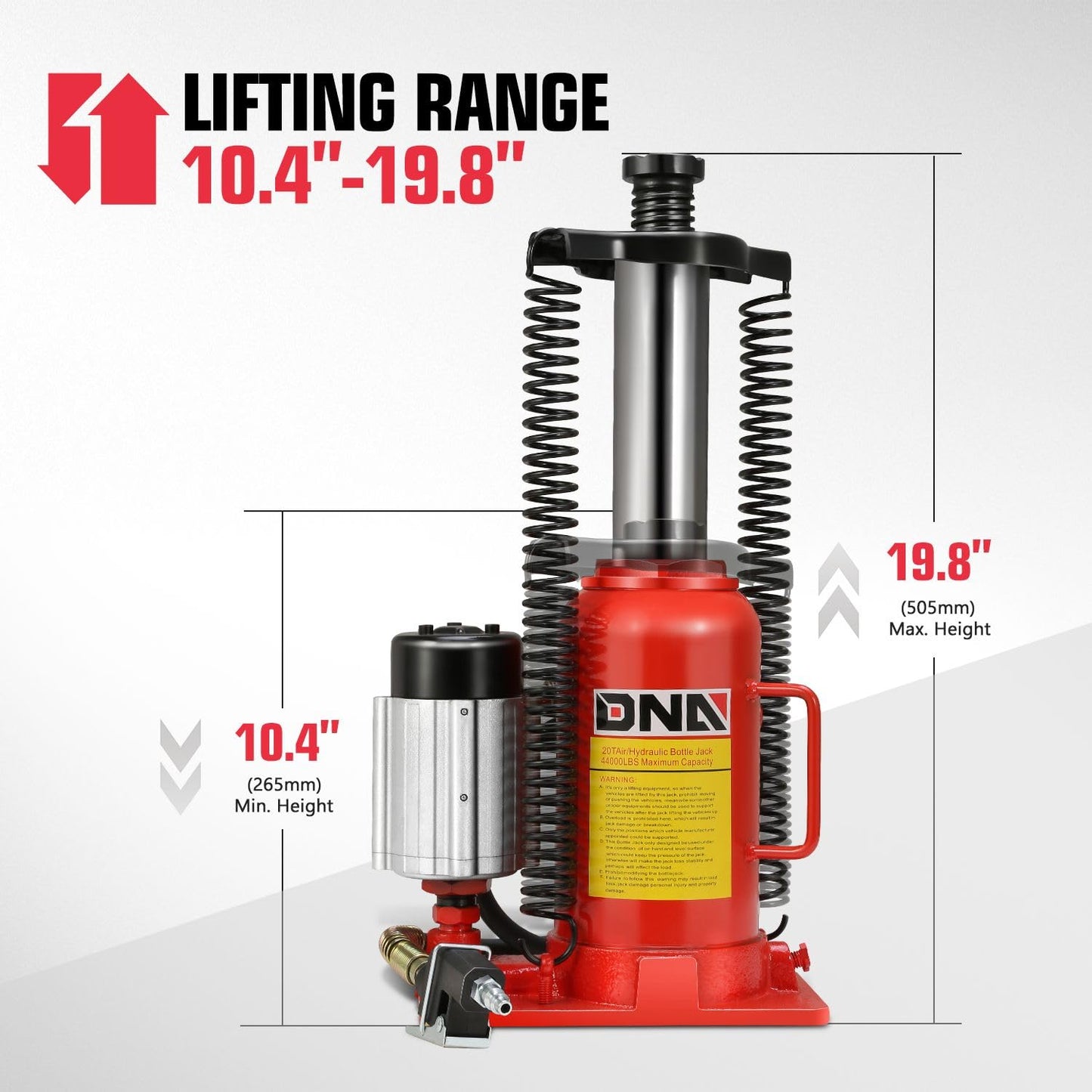 DNA Motoring 20 Ton Air Hydraulic Bottle Jack Air-Operated Hydraulic Bottle Jack Portable Low Profile Manual Jack Air Jack for Car Pickup Truck RV Auto Repair w/Handle, TOOLS-00769