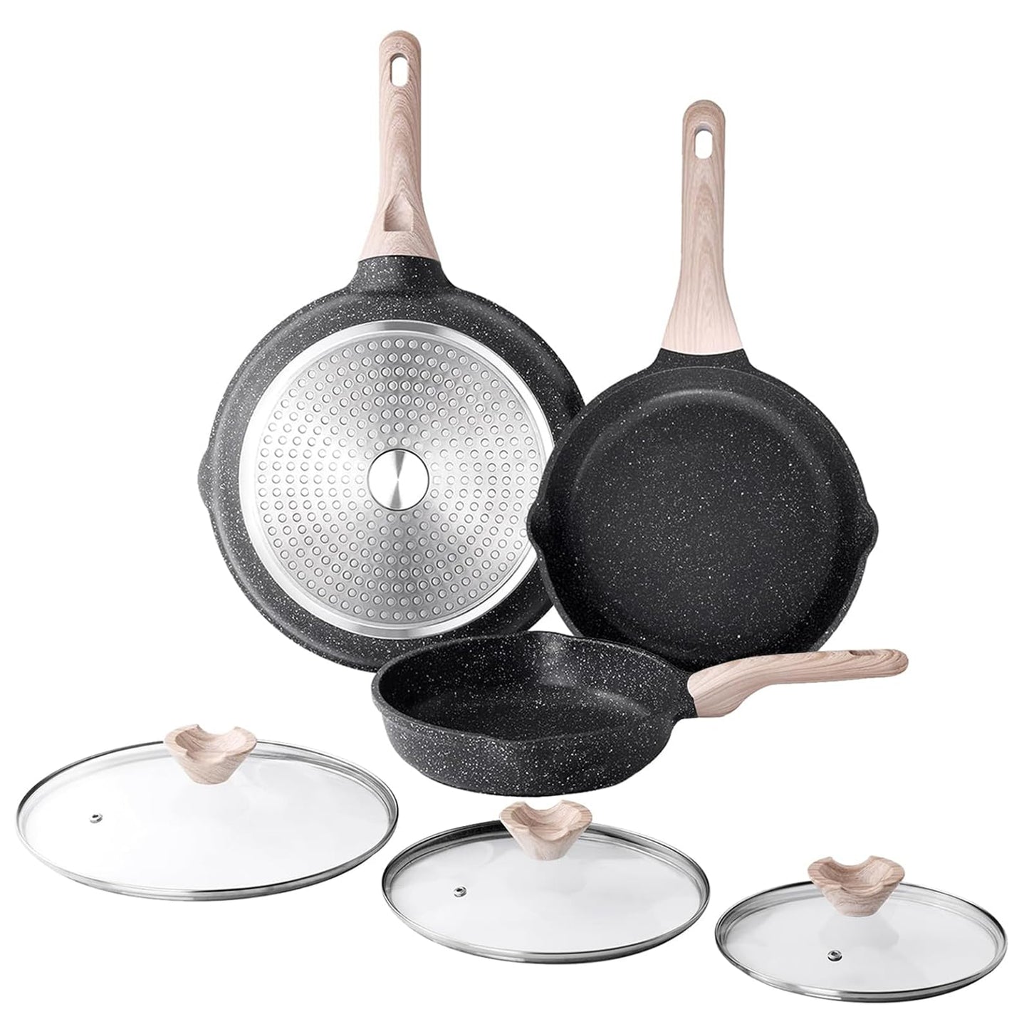Kordisen Nonstick Frying Pan Set with Lids, 3 Piece Skillet Set, Healthy Induction Cookware Cooking Pan, Stay-Cool Handle, Compatible with All Stovetops, PFOA Free (9.5, 11, 12.5 Inch)