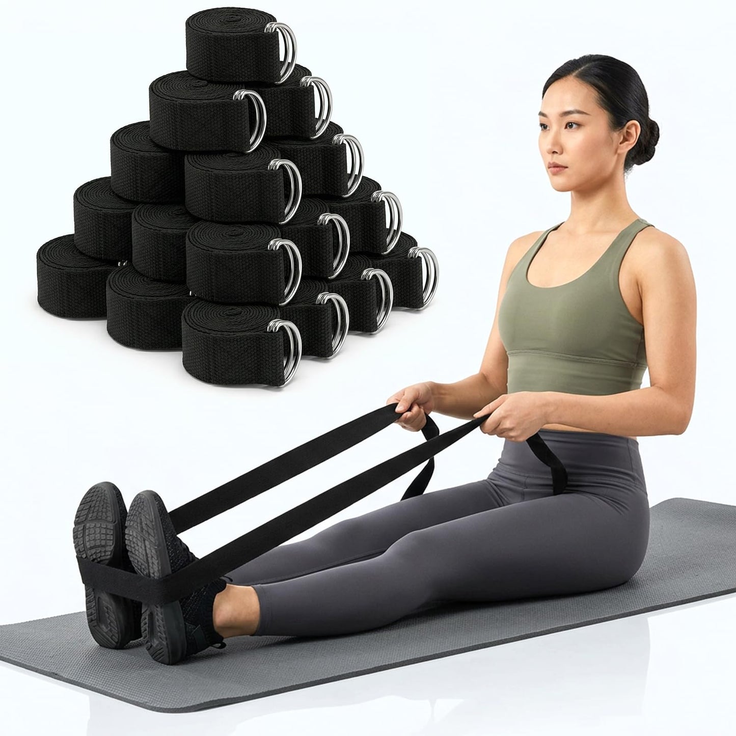 20 Pcs Yoga Mat Strap & Yoga Straps for Stretching, 6ft Adjustable Exercise Stretch Band with Metal D Ring Buckle for Pilates, Fitness, Gym Workout, Dance, Physical Therapy (Black)