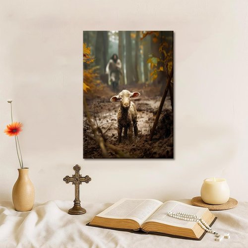 Framed Jesus and Lamb Canvas Wall Art - Christian Decor for Living Room & Bedroom | Inspiring Prints