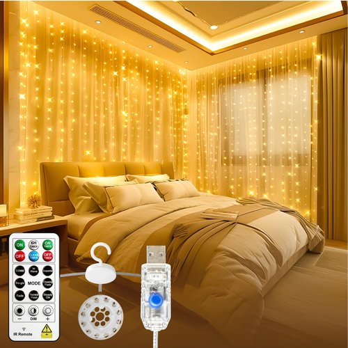 HXWEIYE 300LED Fairy Twinkle String Lights - 9.8x9.8Ft USB Curtain Lights with Remote & Timer | Warm White