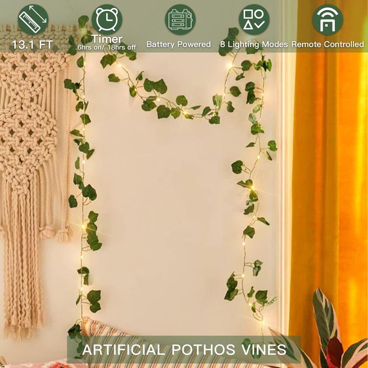 Suddus Fairy Lights Vine - 13.1ft 40 LED Battery Operated Pothos String Lights with Remote | Warm White Decor for Bedroom, Garden, Party, Wedding