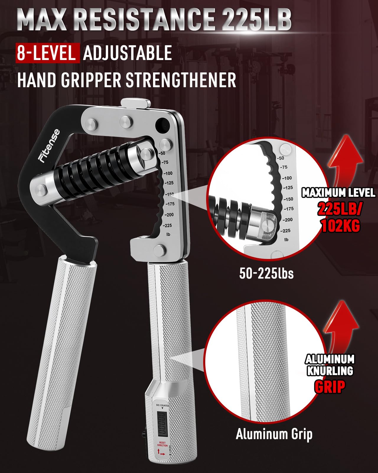 Fitense Grip Strength Trainer - Adjustable Hand Gripper Strengthener 8 Levels 50-225 lbs with Counter, Hand Grip Exerciser Wrist Strengtheners, Forearm, Finger & Hand Strength Training for Athletes, Climbers & Rehabilitation