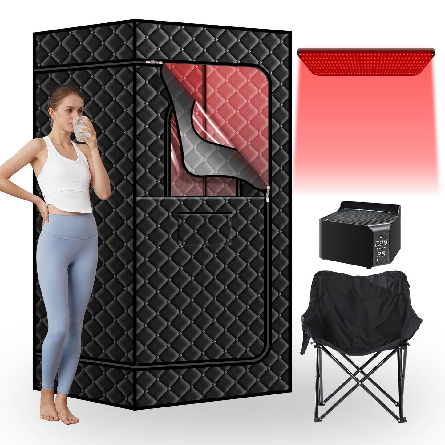 amocane Portable Dry Wind Sauna with 660nm red Light Lamp, Personal Hot Air Sauna Spa for Home, Full Body Infrared Black Saunas Tent with Large Chair, 99 Mins time, 165℉