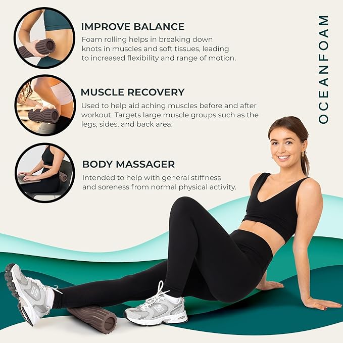 Oceanfoam Ripple Travel Foam Roller (11" x 3.35") Firm Mini Foam Roller for Physical Therapy, Deep Tissue Massage, Back Pain - High Density, Ergonomic Wave Textured - Yoga, Exercise (Espresso)