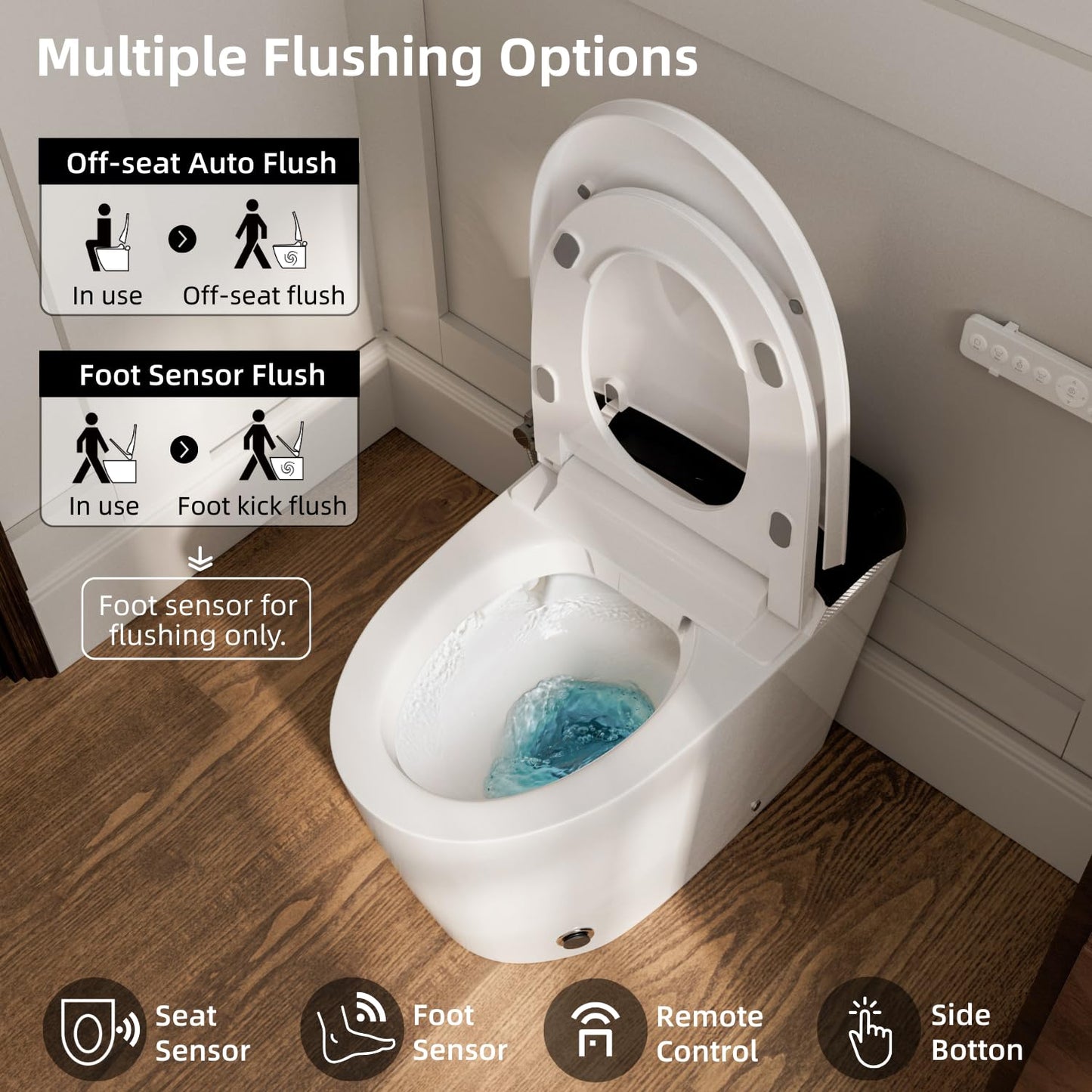 LOS FLEXI E5D Smart Toilet with Bidet, Built-In Water Tank, Battery Backup Flush, Foot Kick Flush, Instant Warm Water, Heated Seat, Warm Air Dryer, Night Light, Side Panel Control & Remote, ETL Plug