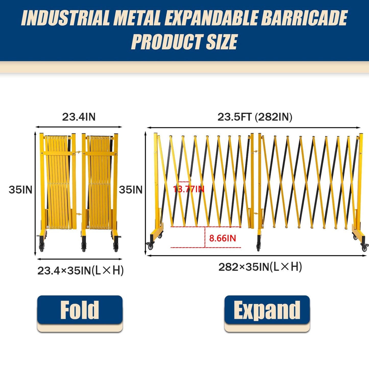 23.5FT Industrial Metal Expandable Barricade，Retractable Traffic Fence with Casters, Folding Security Gate，Portable Barricade Gate for Construction Area, Traffic Control, Cordon(Yellow