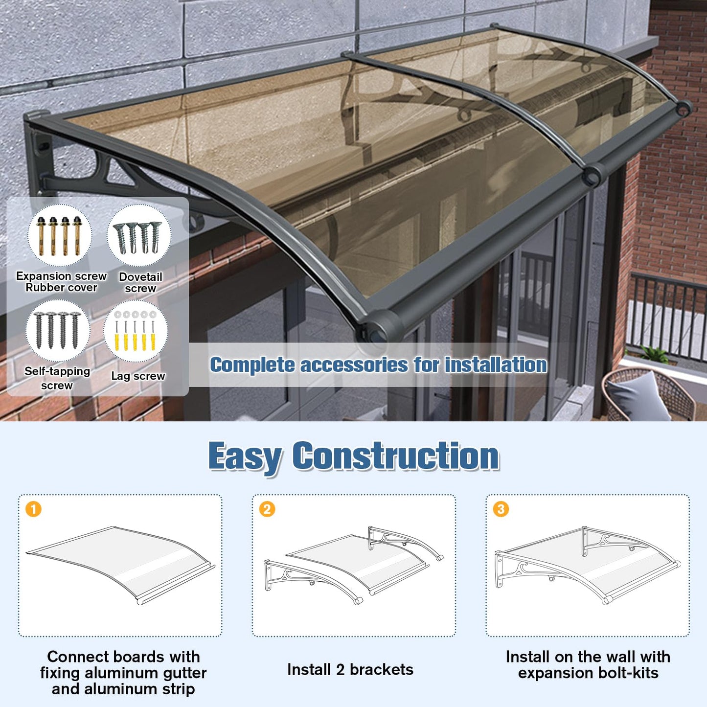 Awning for Door Entrance, Window Awnings Exterior with Aluminum Bracket Polycarbonate Board, Patio Balcony Porch, UV Rain Snow Protection Brown 60x140cm/24x55in