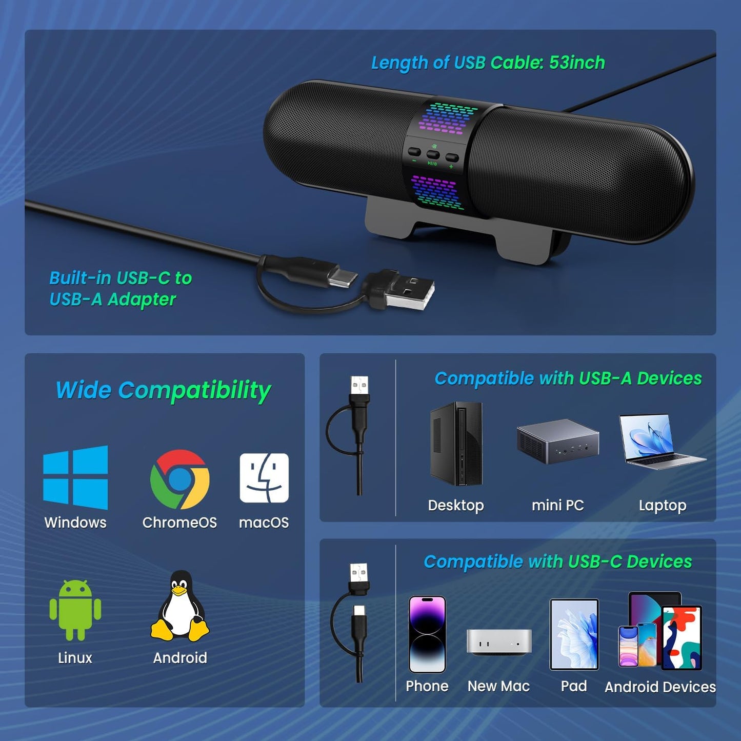 BESTISAN 5.3/Wired 6 Computer Speaker, Bluetooth USB A/C Connection, RGB Light Modes, Gaming Soundbar