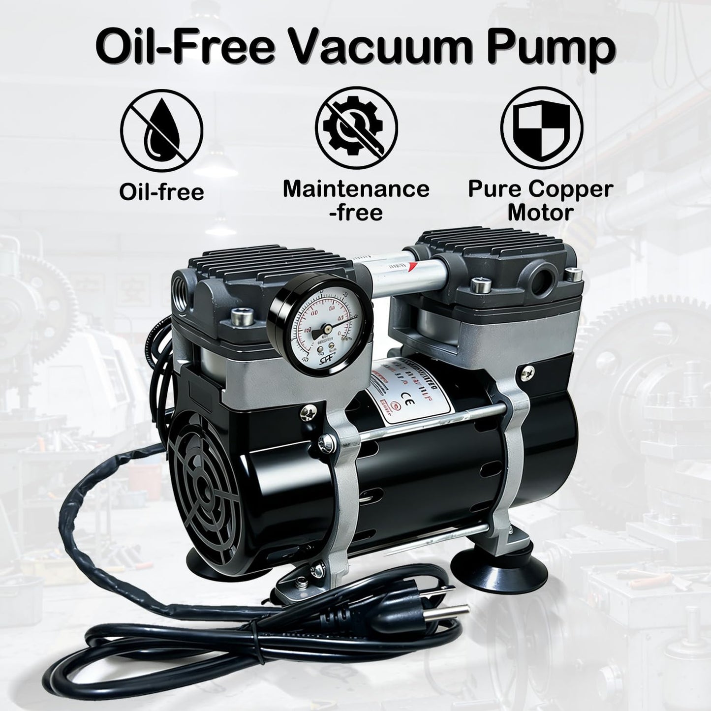Oilless Vacuum Pump 50 L/Min, 180W Electric Vacuum Pump with Switch & Vacuum Gauge, Low-Noise Aluminum Silencer, 4 Hose Connectors, for Laboratory, Electronics & DIY Use