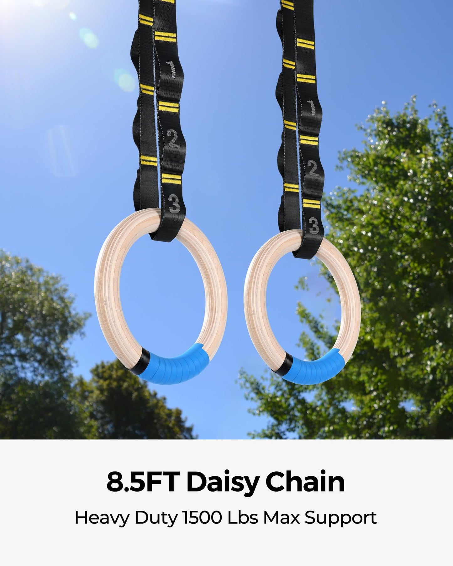 PACEARTH Wooden Gymnastics Rings Set with 8.5ft Numbered Daisy Chains and Quick Carabiners 32mm Thick Wood Gym Rings 1500lbs for Full-Body Workout at Home on Crossfit Calisthenics Strength Training