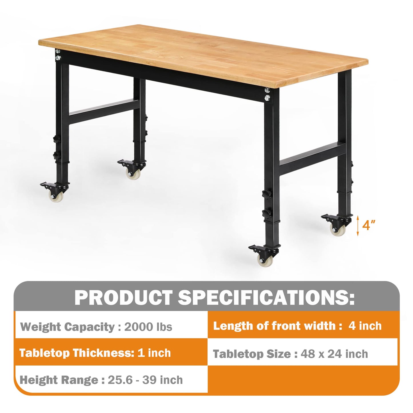 Betterhood 48" Heavy-Duty Adjustable Workbench for Garage, Rubber Wood Shop Table W/Metal Wheels, Hardwood Workstation Weight Capacity Over 2000 Lbs with Wheels