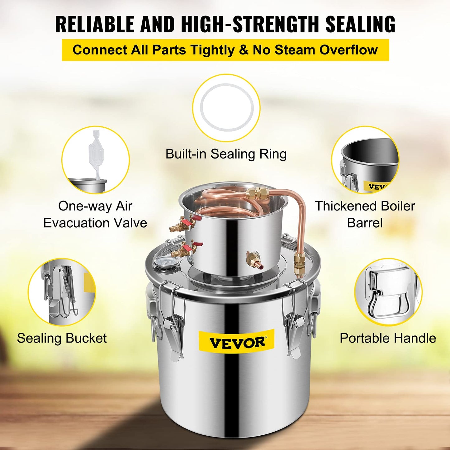 VEVOR Alcohol Still 5Gal/20L Alcohol Distiller Stainless Steel Distillery Kit for Alcohol with Copper Tube Home Brewing Kit Build-in Thermometer for DIY Whisky Wine Brandy