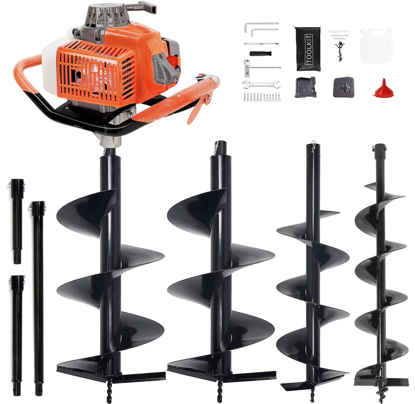 XJADQW 72CC 2-Stroke Gas Powered Post Hole Digger with 4" & 6" & 8" Auger Bits + 8“ & 12" & 20" Extension Rod, Heavy Duty Earth Auger for Farm, Garden, Landscaping, Construction