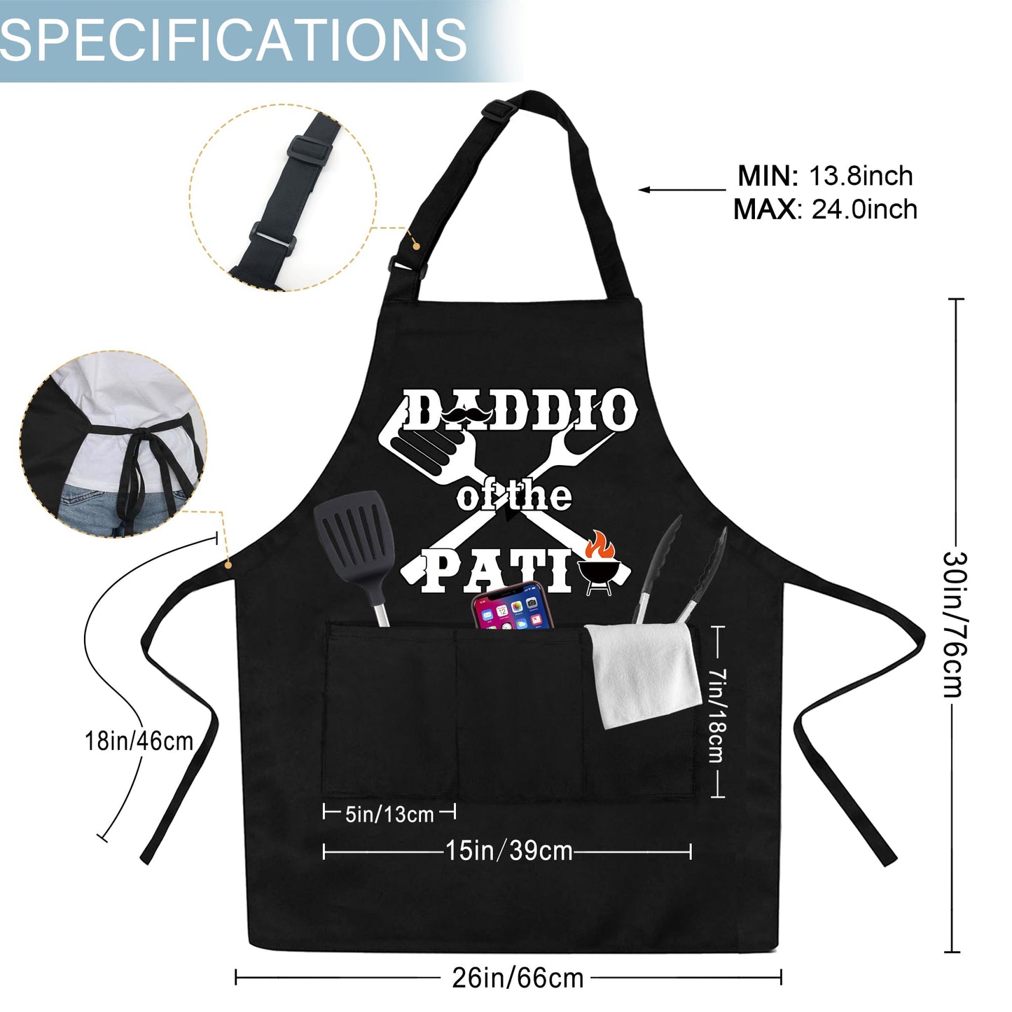 cusugbaso Funny Fathers Day Gift, Grill Aprons for Men with Three Pockets - Daddio of the Patio - Bbq Apron Father's Day, Christmas, Birthday Gifts for Husband, Dad, Men from Daughter, Son, Wife