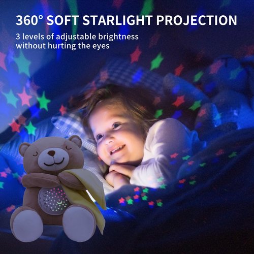 Baby Sleep Soother, White Noise Sound Machine Projector Night Light, Portable Stuffed Teddy Baby Gifts Bear Toy with 18 Soothing Sounds, Auto-Off Timer, Cry Sensor for Kids