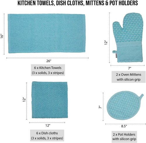 Lane Linen 16-Piece Kitchen Towel Set | Heat Resistant Oven Mitts & Pot Holders, Absorbent Aqua Dish Cloths