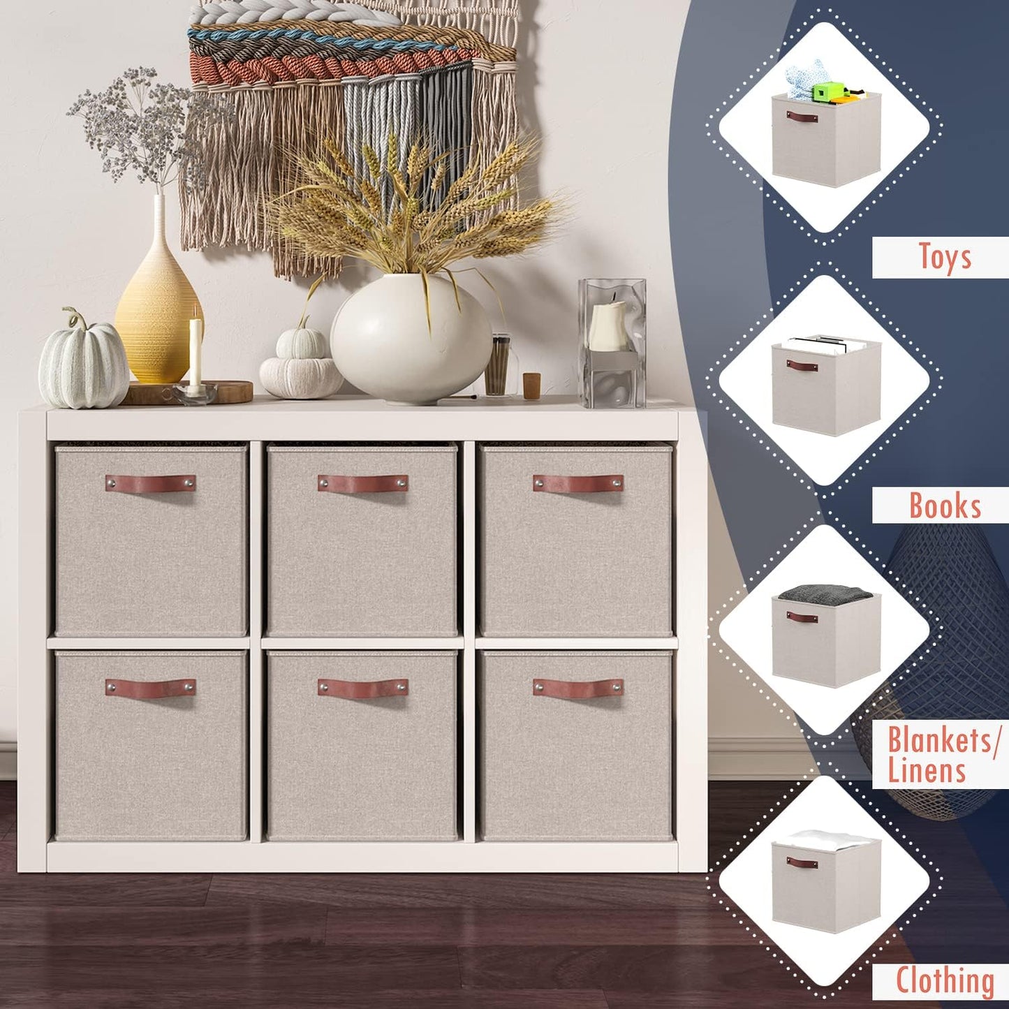 Ornavo Home Storage Cube Bins - Foldable Fabric Organizers with Leather Handles | 11x11 Inches, Beige, 6 Pack