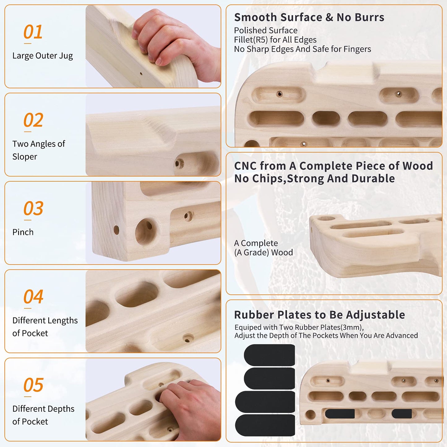 TWO STONES Wooden Hangboard Rock Climbing Pull Up Bar Designed Training for Climbing, Wooden Fingerboard Climbing Training Board for Building Core Strength and Endurance (CJ-HB2049)